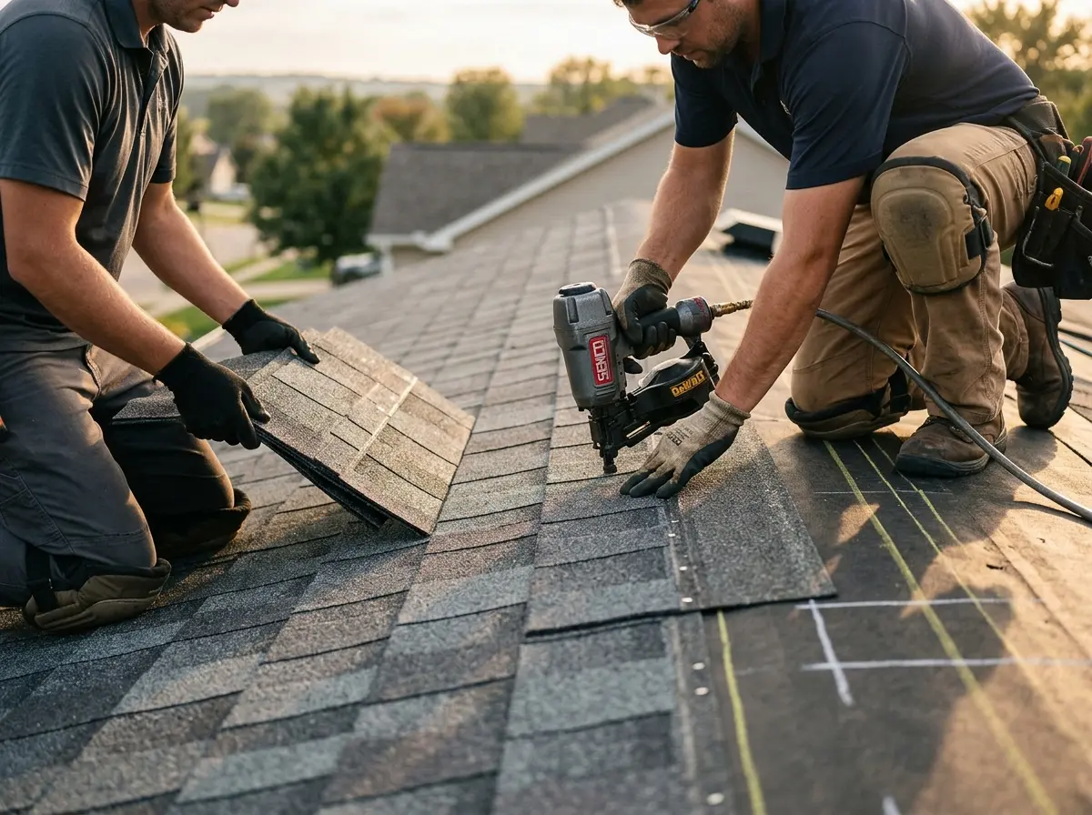 Professional roofer working on a residential roof in Tehachapi
